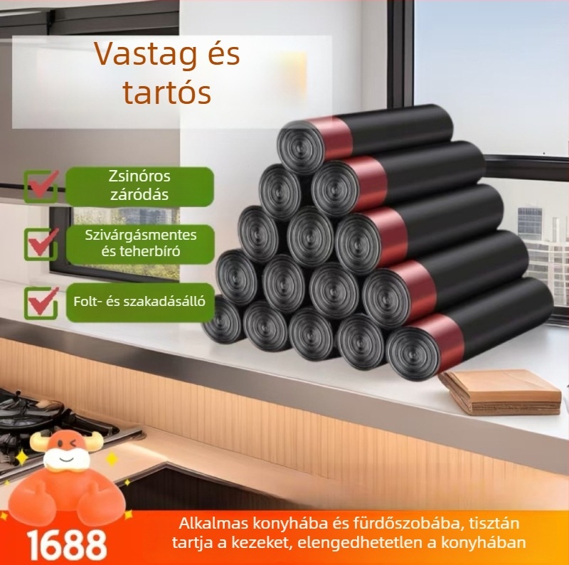 Húzózsinóros szemeteszsákok vastagított kivitelben háztartási használatra, fogantyúval, nagy méretű, ideális konyhához és kollégiumhoz