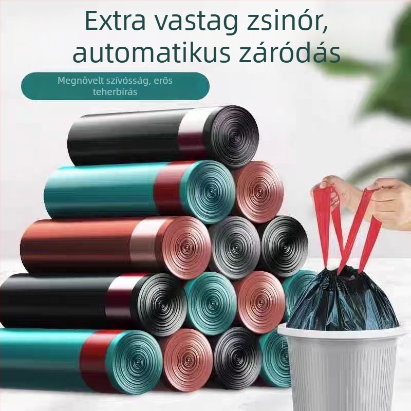 Húzózsinóros szemeteszsákok vastagított kivitelben háztartási használatra, fogantyúval, nagy méretű, ideális konyhához és kollégiumhoz