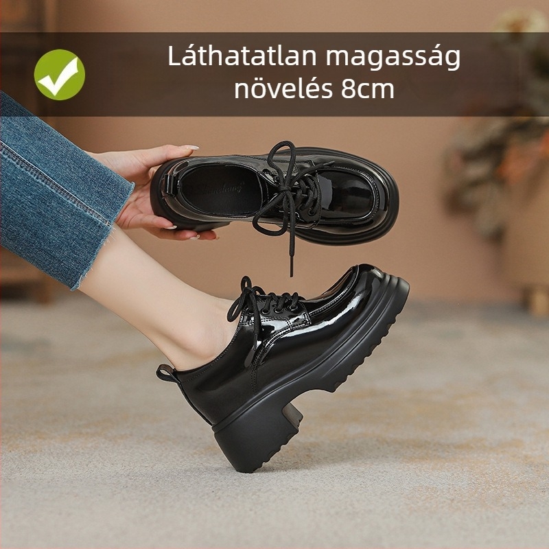 Női bőrből készült magasságot növelő cipő, platformos, vastag talpú loafer, fűzős, kerek orr, mély nyílás, 9 cm