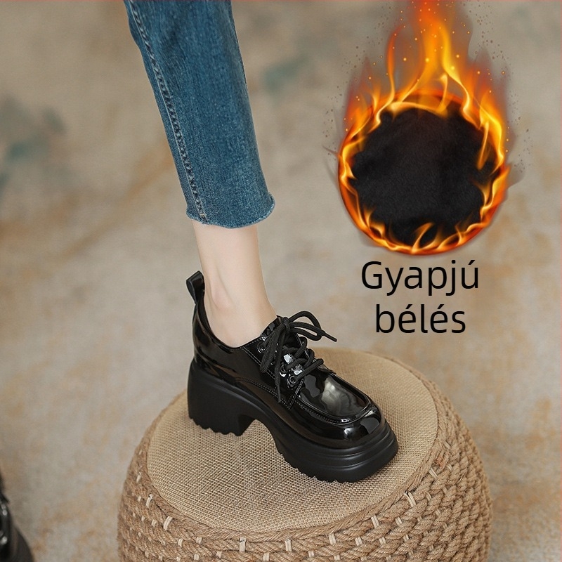 Női bőrből készült magasságot növelő cipő, platformos, vastag talpú loafer, fűzős, kerek orr, mély nyílás, 9 cm