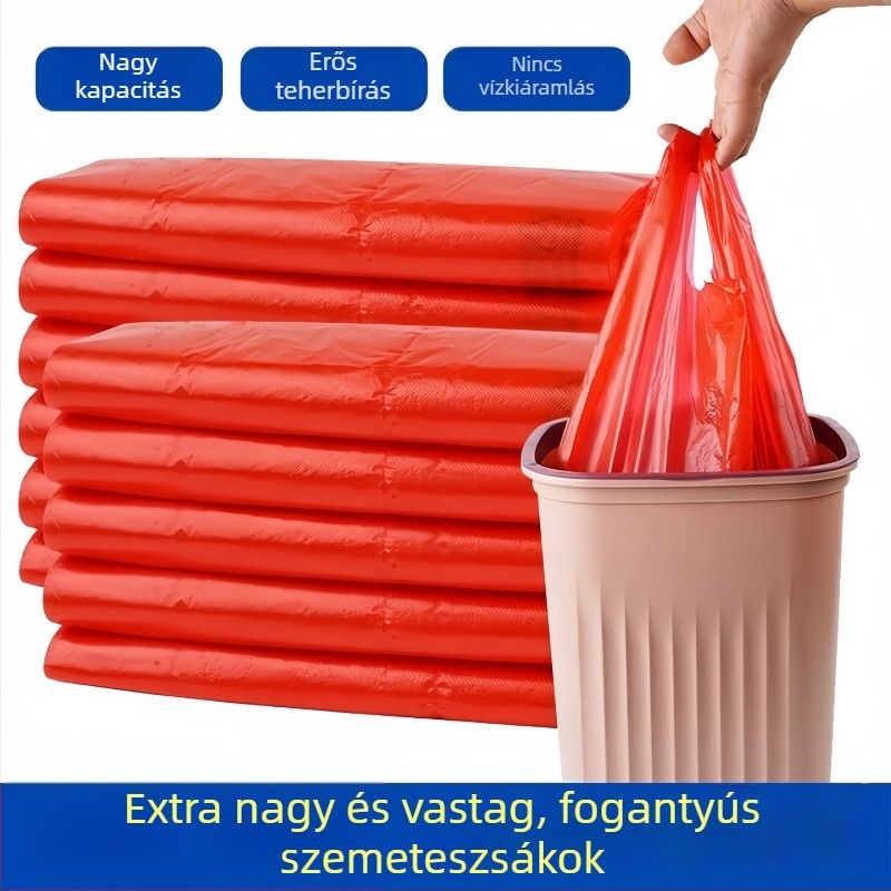 Piros, nagy méretű, vastagított konyhai szemeteszsákok fogantyúval, egyszer használatos műanyag zacskók, 160 darab