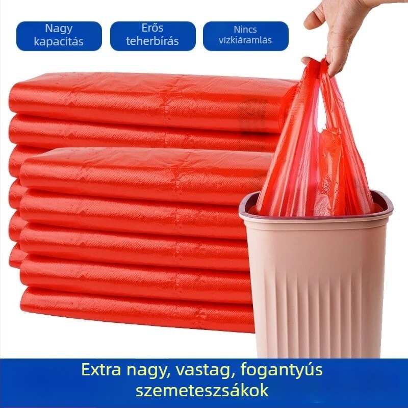 Piros, nagy méretű, vastagított konyhai szemeteszsákok fogantyúval, egyszer használatos műanyag zacskók, 160 darab
