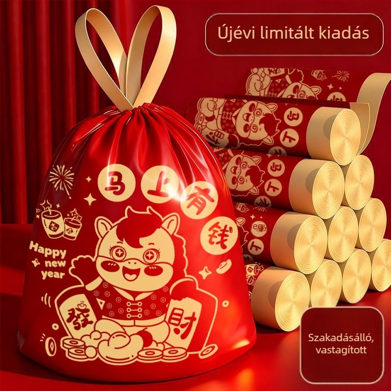 Otthoni használatra készült vastagított szemeteszsák húzható zsinórral, piros