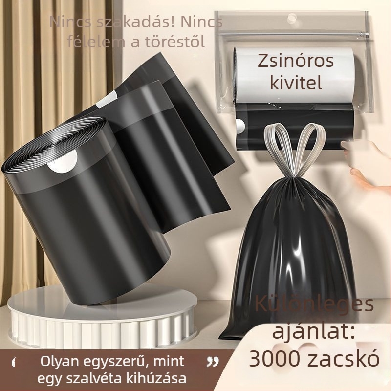 Megvastagított szemeteszsák kötőzsinórral, szakadásálló, nagy méretű fekete műanyag zacskók otthoni, konyhai és irodai használatra