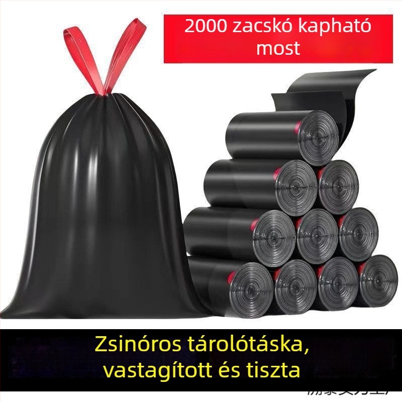 Megvastagított szemeteszsák kötőzsinórral, szakadásálló, nagy méretű fekete műanyag zacskók otthoni, konyhai és irodai használatra