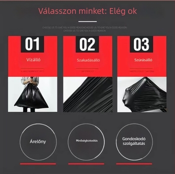 Fekete, vastagított extra-nagy szemeteszsákok otthoni és üzleti használatra, egyszer használatosak, ingatlanüzemeltetésre, higiénére, tisztításra, konyhára, szállodákra és iskolákra.