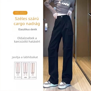 Női amerikai stílusú egyenes szabású munkanadrág, magas derék, laza vonal, széles szárú túranadrág, tavasz-ősz