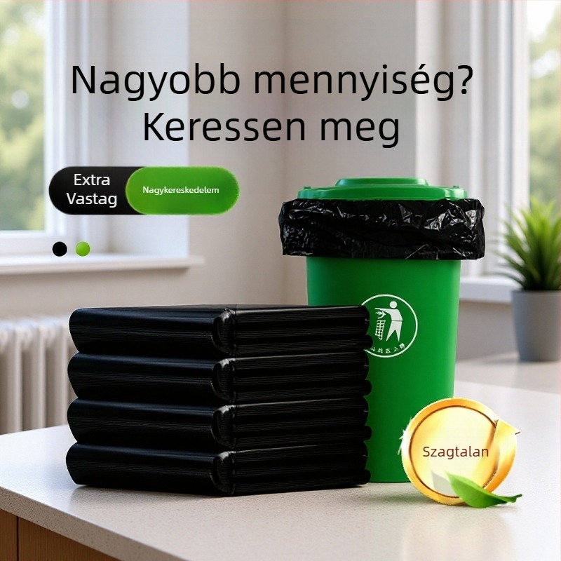 Erősített, nagy méretű hulladéktáskák fekete műanyagból, lapos szájú kivitelben, kereskedelmi felhasználásra, nagy kapacitású szemeteszsákok