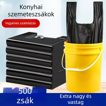 Mellény-stílusú zsinóros szemeteszsákok, fekete, kereskedelmi és otthoni használatra, kézben tartható kivitel, elérhetőek extránagy, nagy, közepes és kicsi méretekben, extra vastag.