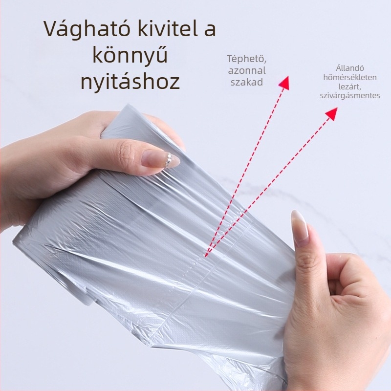 Ezüst színű, vastagított egyszer használatos szemeteszsákok, lapos nyílással, otthoni használatra, nagy méret, alkalmas konyhára, vendéglátásra és szállodákba