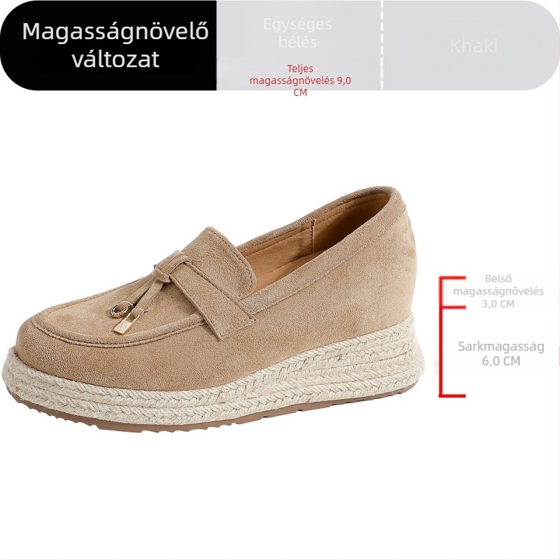 Brit stílusú tassel szalmafonat loafer, vastag talpú magasságot növelő, velúr, kerek orr, nőknek, tavasz–ősz 2025