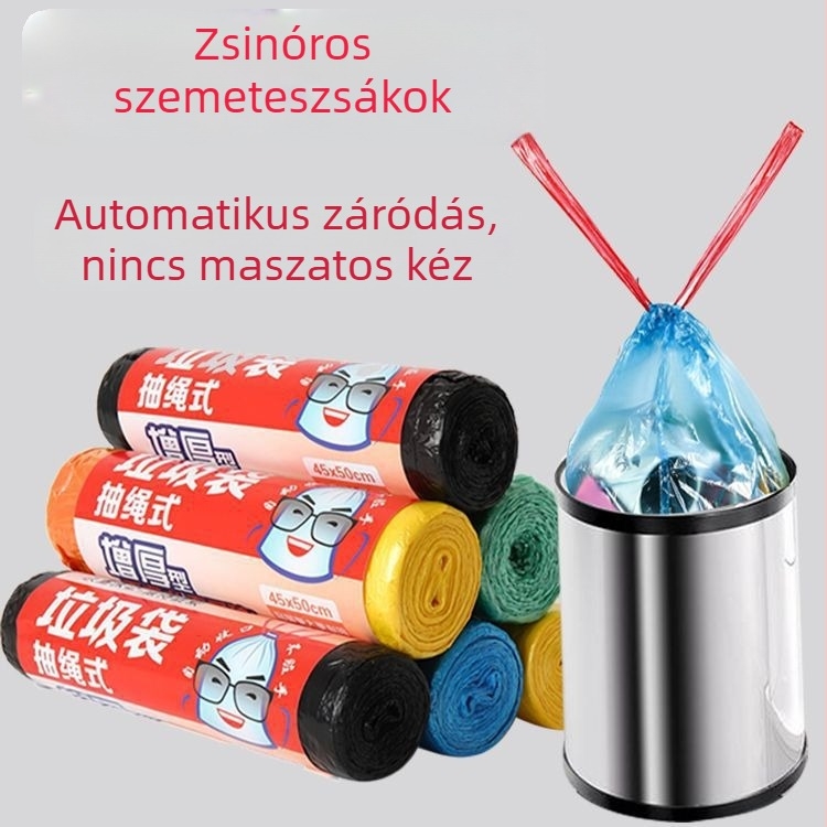 Háztartási vastagított szemeteszsák húzózsinórral, automatikus záródás, egyszer használatos, konyhai, nagy méret