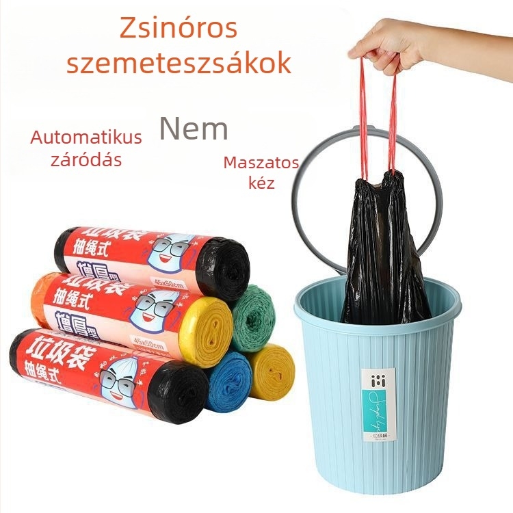 Háztartási vastagított szemeteszsák húzózsinórral, automatikus záródás, egyszer használatos, konyhai, nagy méret