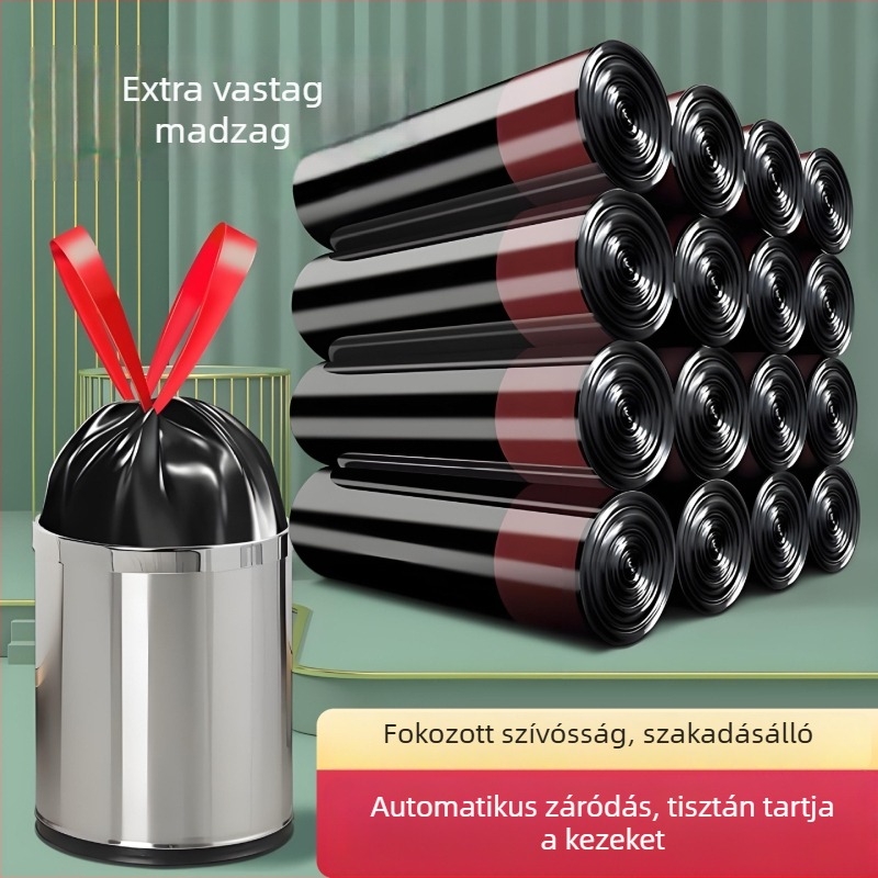 Húzós szemeteszsákok, extra vastagok, nagyok, feketék, háztartási, konyha- és irodai műanyag zacskók