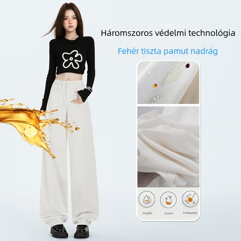 Női denim farmernadrág, lazán bő szárú, egyenes szabású, magas derék, hétköznapi stílus