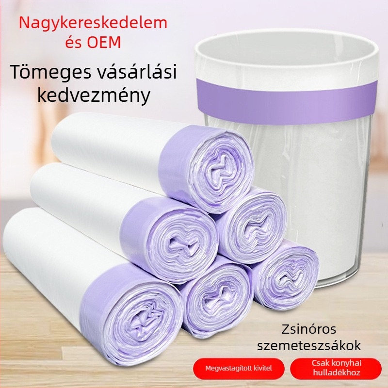 Nagy méretű, vastagított egyszerhasználatos szemeteszsák kötőzsinórral, tekercs, HDPE, otthon, kollégium, konyha, hotel