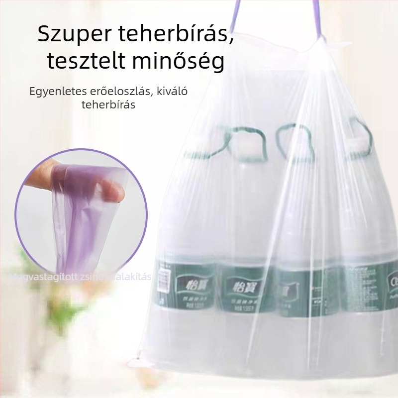 Nagy méretű, vastagított egyszerhasználatos szemeteszsák kötőzsinórral, tekercs, HDPE, otthon, kollégium, konyha, hotel