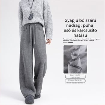 Női tweed nadrág ívelt szegéllyel, téli, fleece béléssel és vastag anyaggal, magas derekú, egyenes szabású, mindennapi nadrág drapált siluettel