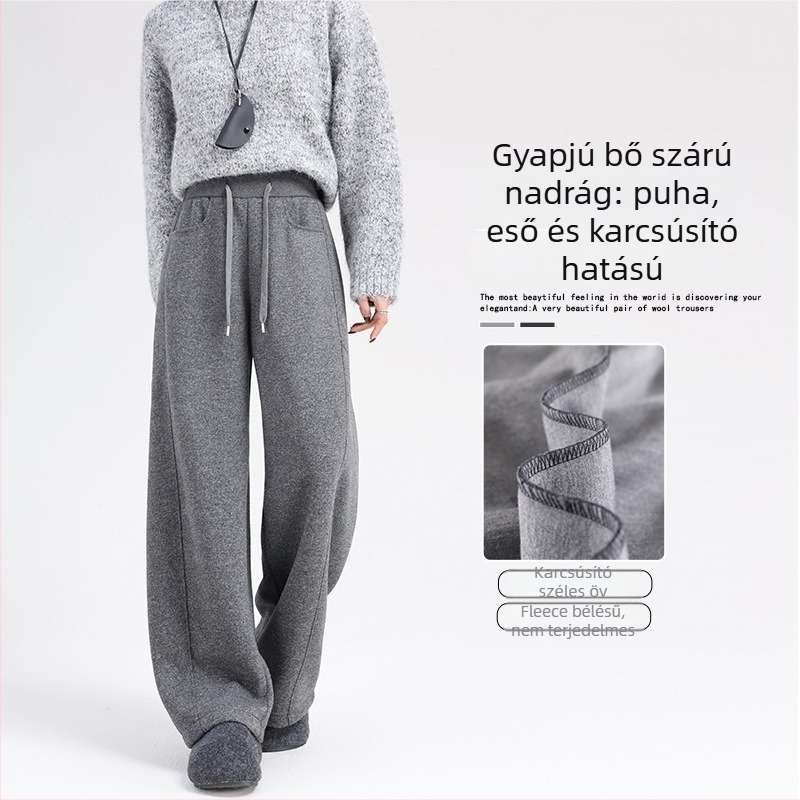Női tweed nadrág ívelt szegéllyel, téli, fleece béléssel és vastag anyaggal, magas derekú, egyenes szabású, mindennapi nadrág drapált siluettel