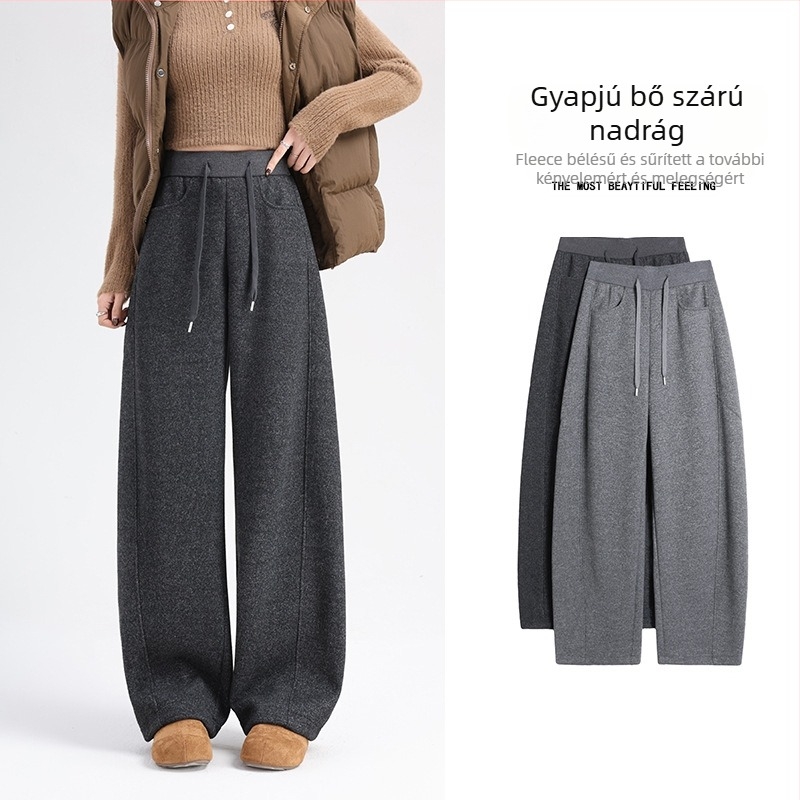 Női tweed nadrág ívelt szegéllyel, téli, fleece béléssel és vastag anyaggal, magas derekú, egyenes szabású, mindennapi nadrág drapált siluettel