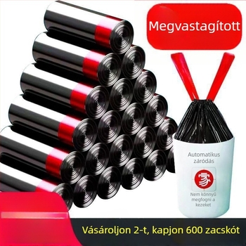 Húzós zsinórral ellátott, vastagított szemeteszsák, konyhához és nappaliba, fekete műanyag, újrafelhasználható