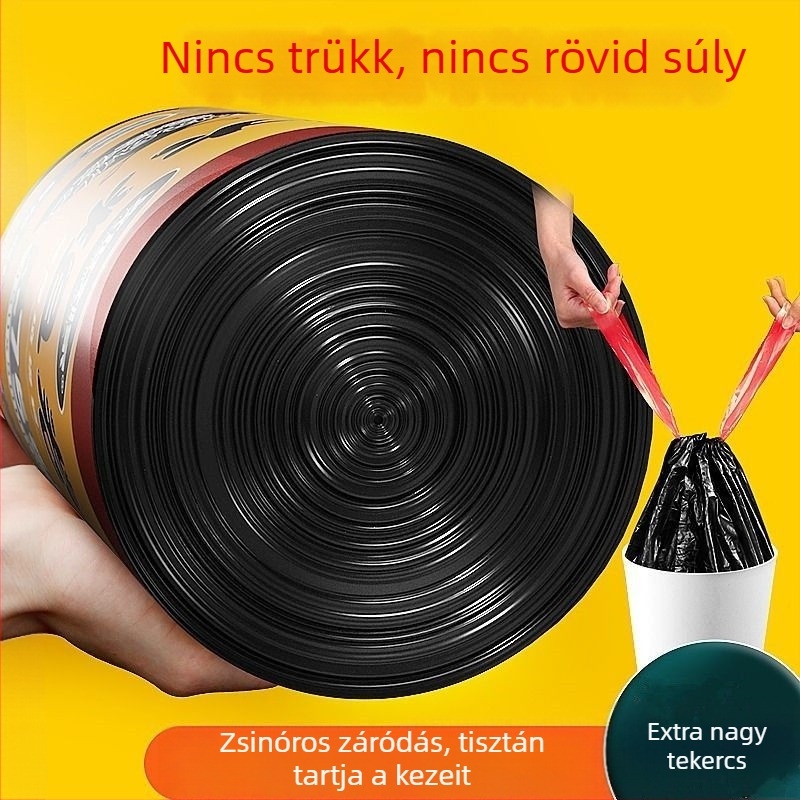 Húzós zsinórral ellátott, vastagított szemeteszsák, konyhához és nappaliba, fekete műanyag, újrafelhasználható