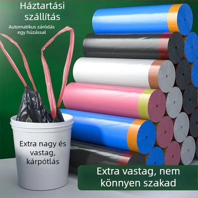 Húzós zsinórral ellátott, vastagított szemeteszsák, konyhához és nappaliba, fekete műanyag, újrafelhasználható