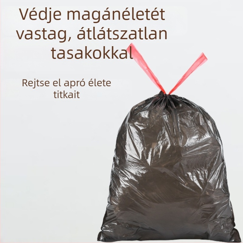 PE szemeteszsák zsinóros zárással, vastagított, illatosított, átlátszatlan fekete, nagy tekercs, háztartási használatra