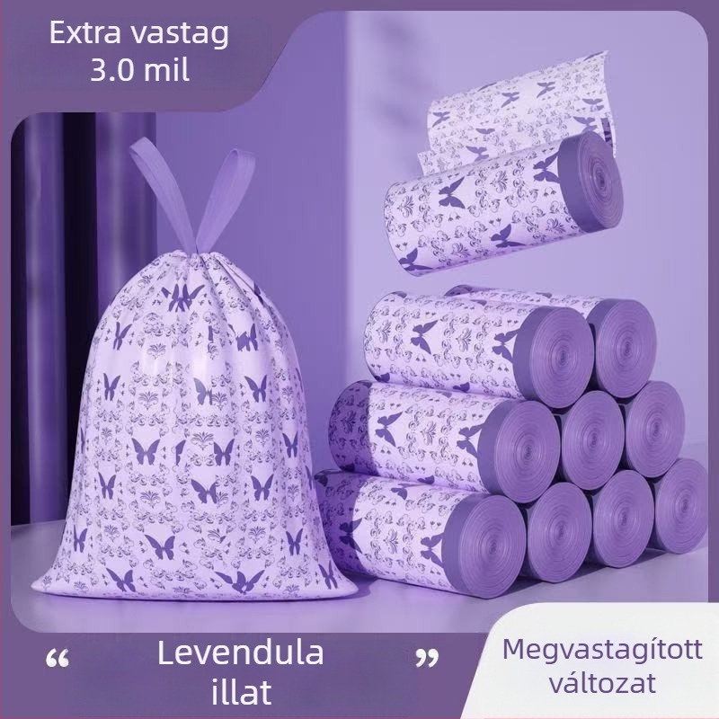 Levendulás illatú húzózsinóros szemeteszsákok, extra nagyok és vastagok, fogantyúval, háztartási használatra
