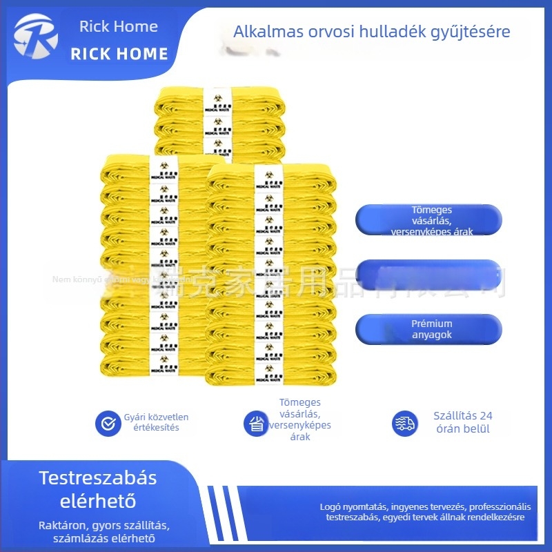Sárga orvosi hulladék zsák, vastagított lapos szájú, HDPE műanyag zsák, kórházi hulladékhoz