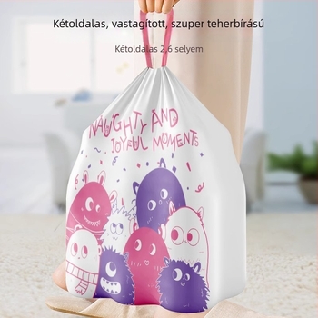 Háztartási szemeteszsák, extra vastag, zsinóros kivitel, nagy méret, nyomtatott konyhai műanyag zacskó kollégiumhoz