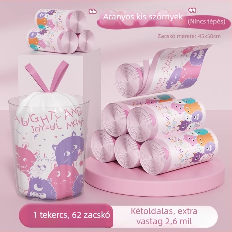 Háztartási szemeteszsák, extra vastag, zsinóros kivitel, nagy méret, nyomtatott konyhai műanyag zacskó kollégiumhoz