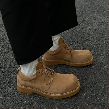 Férfi téli bőrcipő fleece béréssel, sokoldalú alacsony bokacipő sárga színben, vastag talpú magasságot növelő Derby cipő brit stílusban