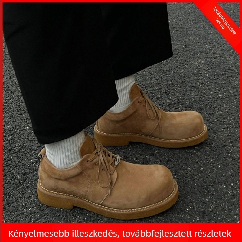 Férfi téli bőrcipő fleece béréssel, sokoldalú alacsony bokacipő sárga színben, vastag talpú magasságot növelő Derby cipő brit stílusban