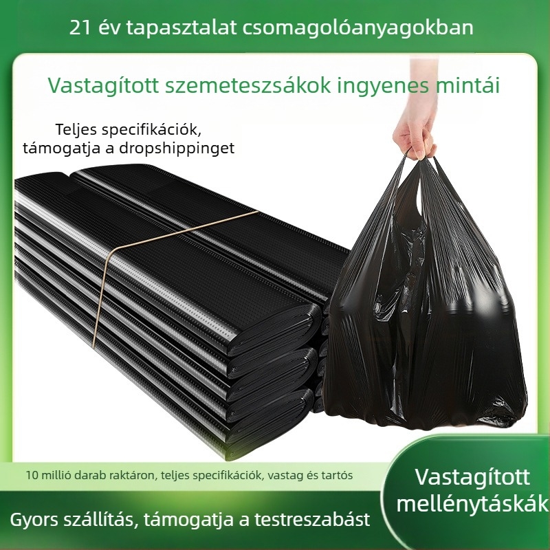 Fekete, vastagított, nagy méretű konyhai szemeteszsákok mellény-stílusban, egyszer használatosak