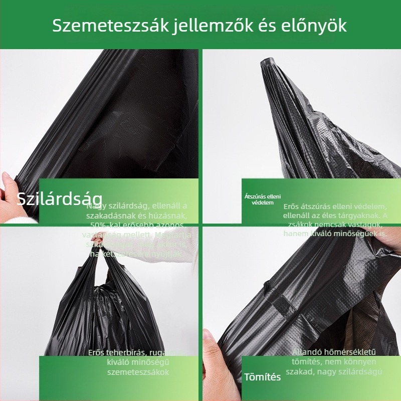 Fekete, vastagított, nagy méretű konyhai szemeteszsákok mellény-stílusban, egyszer használatosak