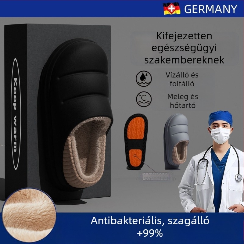 Férfi pamut orvosi papucs — téli beltéri, vízálló, csúszásmentes, meleg, alkalmas külső viseletre