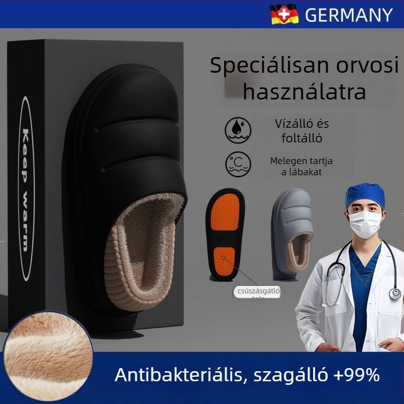 Férfi pamut orvosi papucs — téli beltéri, vízálló, csúszásmentes, meleg, alkalmas külső viseletre