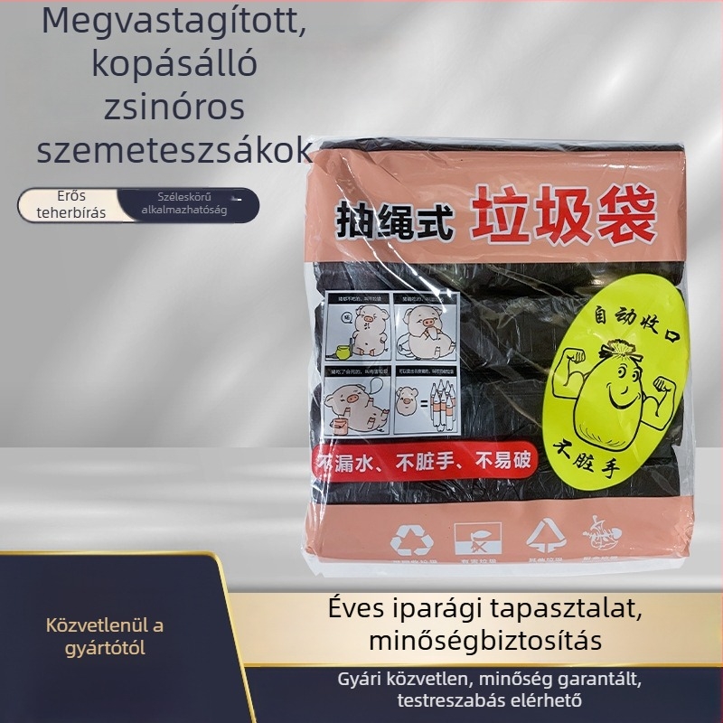 Nagy vastagított háztartási szemeteszsákok, fekete, húzózsinórral
