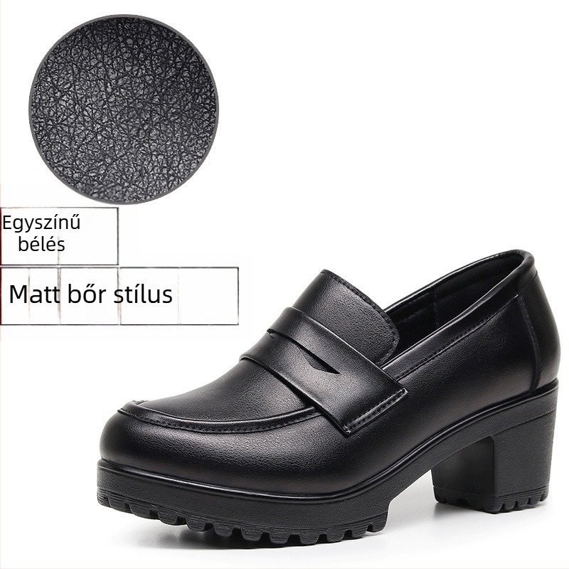 Mattsötét női mokaszín, fekete, slip-on, platforma 6–8 cm, brit stílus
