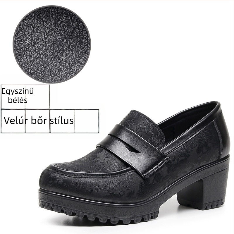 Mattsötét női mokaszín, fekete, slip-on, platforma 6–8 cm, brit stílus