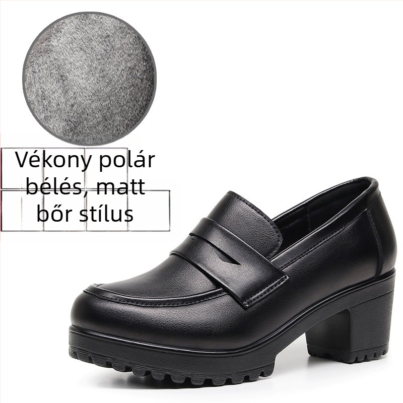 Mattsötét női mokaszín, fekete, slip-on, platforma 6–8 cm, brit stílus