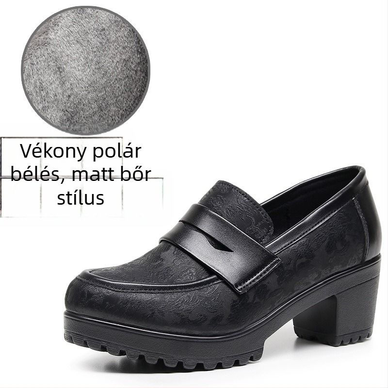 Mattsötét női mokaszín, fekete, slip-on, platforma 6–8 cm, brit stílus