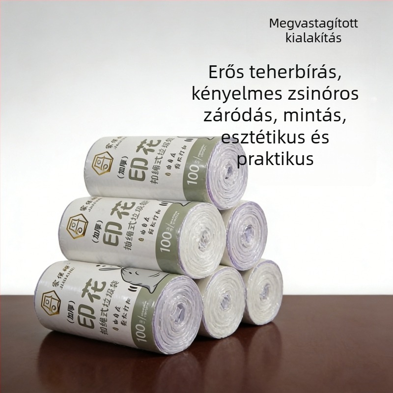 Vastagított szemeteszsákok húzózsinórral és fogantyúval, konyha- és fürdőszobai használatra, kollégiumi célokra