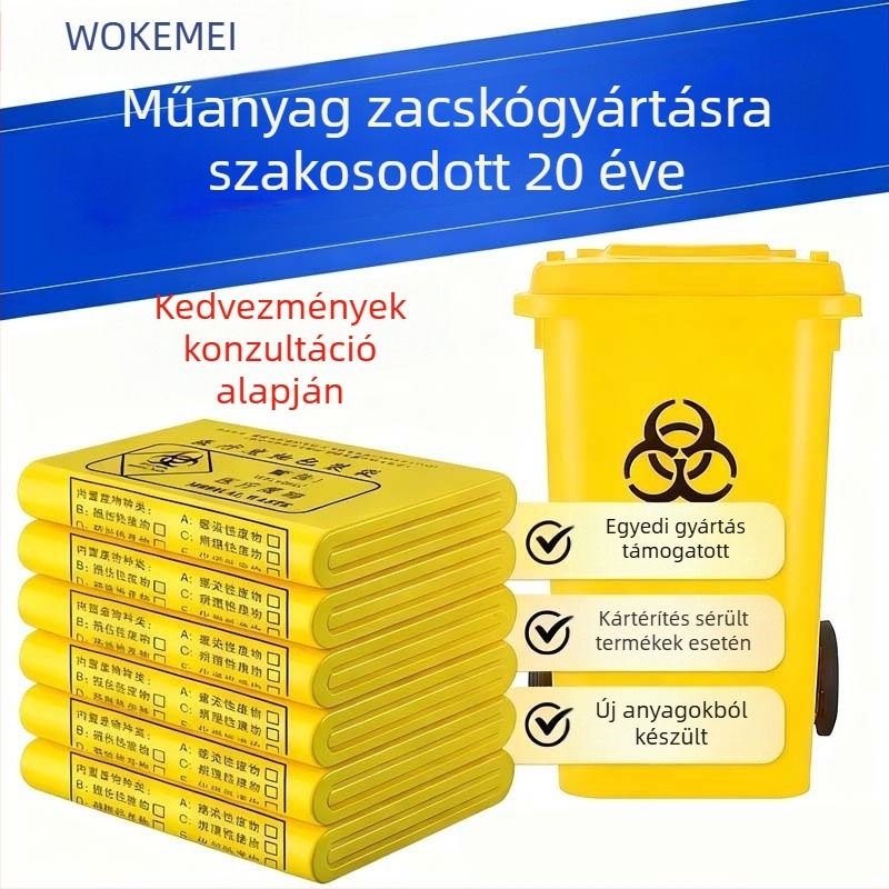 Vastagított egyszer használatos sárga orvosi hulladék zsák kórház és klinika számára, PE zsák lapos szájjal