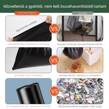 Húzózsinóros tömörített szemeteszsákok, nagy méretű konyhai zacskók, közepes méretű irodai/konyhai zacskók, szakadásálló