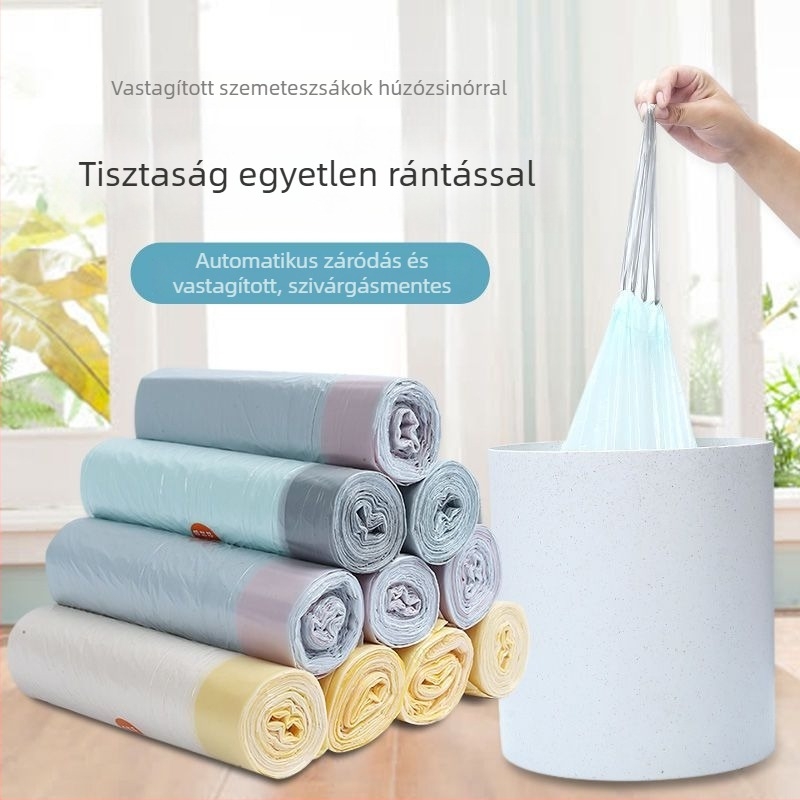 Extra vastag szemeteszsák kötőzsinórral, háztartási használatra, automatikus záródás, konyhai vastagított műanyag zacskó