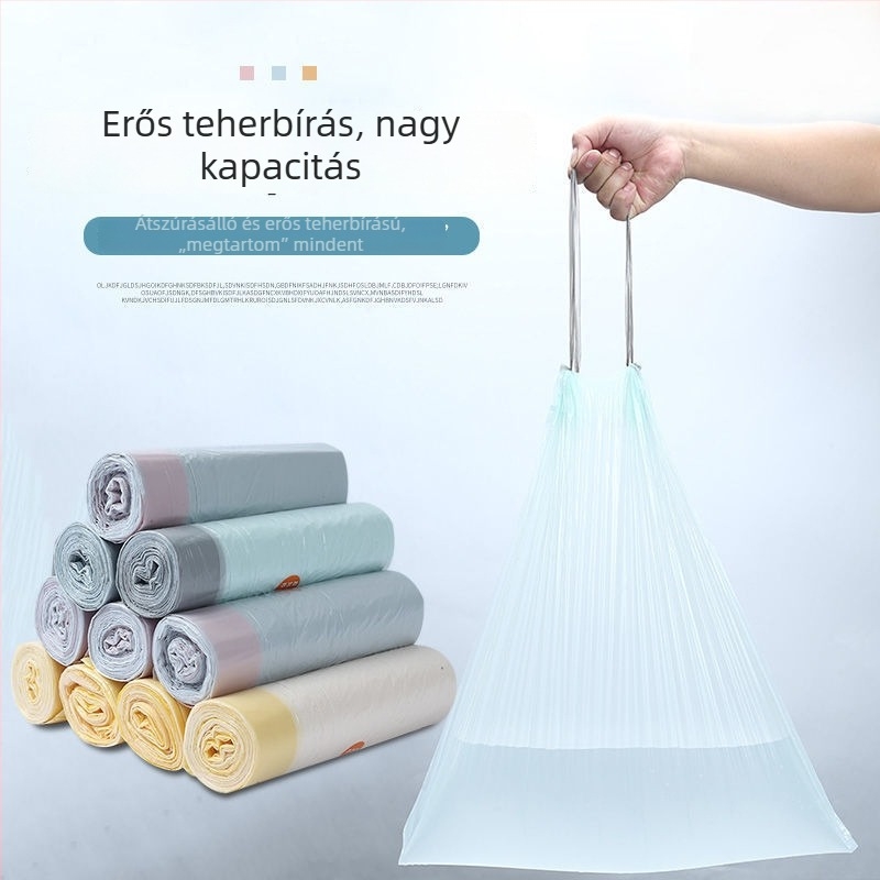 Extra vastag szemeteszsák kötőzsinórral, háztartási használatra, automatikus záródás, konyhai vastagított műanyag zacskó
