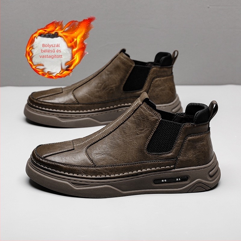Férfi Martin csizma bőrből – slip-on, fleece béléssel, középmagas, brit stílusú, őszi-téli