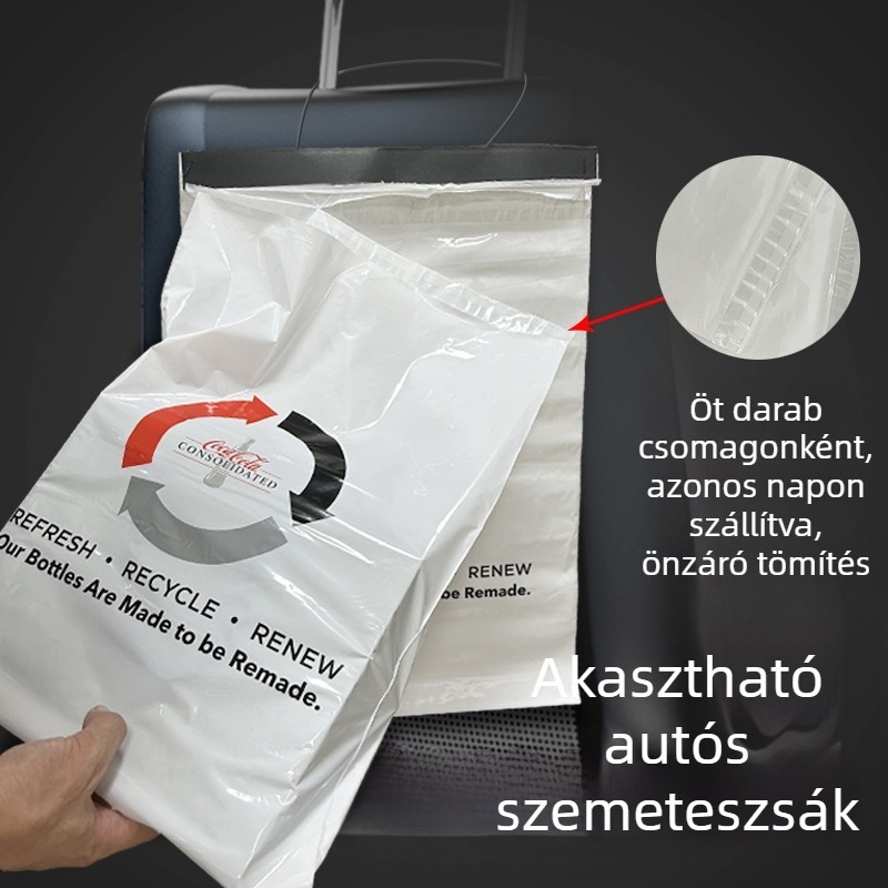 Autóba akaszttható egyszer használatos szemeteszsák, öntapadós zárással és könnyen téphető nyílással, belső használatra